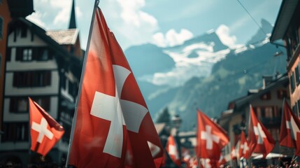 Celebration of Swiss National Day, a street festival with flags in a small mountain town. heritage and community