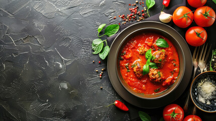 Meatballs in tomato sauce. Traditional Swiss festive table for National Day. Abundant banquet setting with classic national dishes. copy space, free space for text