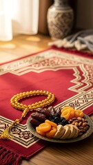 Ramadan essentials on traditional prayer mat with dates, nuts, and rosary