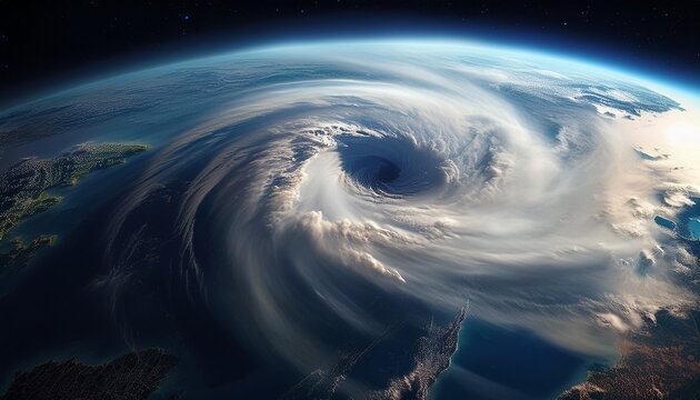 powerful hurricane swirling over earth seen from space