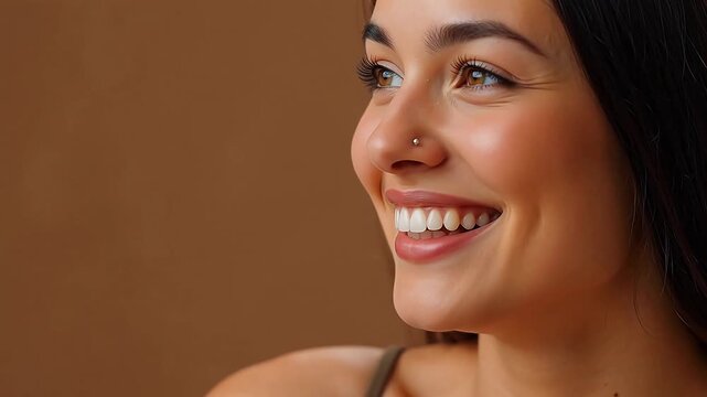 Closeup of smiling woman with nose piercing