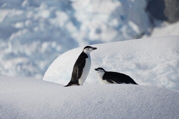 Two chinstrap penguins on fresh snow in Antarctica