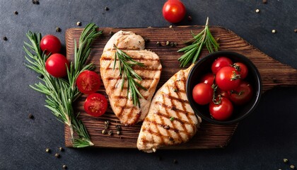 grilled chicken breast steaks on a wooden cutting board with fresh rosemary and cherry tomatoes garnished with peppercorns in a bowl dark background