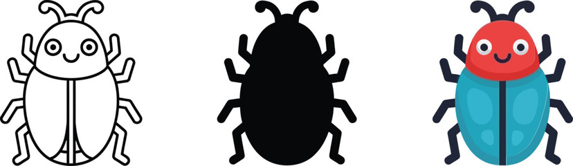 Cute cartoon beetle illustration in outline, silhouette, and colorful flat design styles