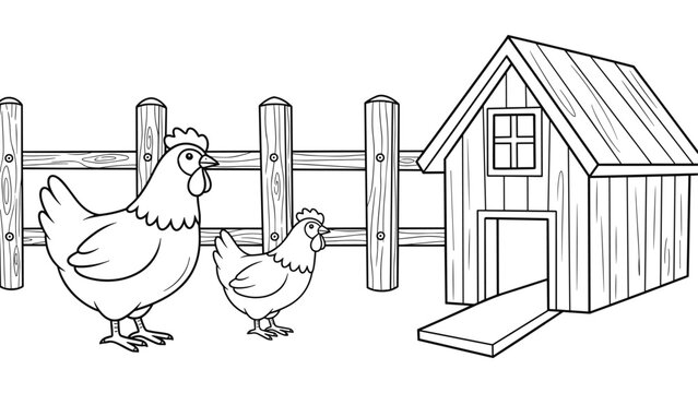 Line art chicken coop with hens and wooden fence
