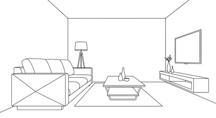 Fototapeta premium Simple Line Drawing of Modern Living Room Interior.