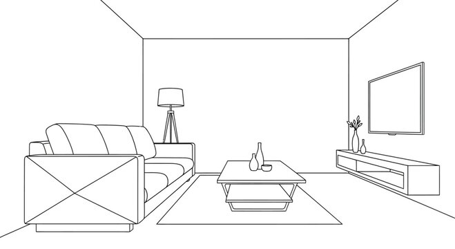 Simple Line Drawing of Modern Living Room Interior.
