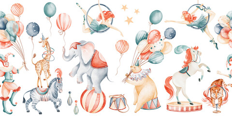Seamless watercolor circus border with performers and carnival animals. Hand painted illustration with elephant, bear, clown, horse. For baby shower, birthday cards, invitations, nursery design. © Elena