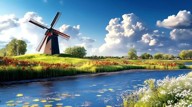 Spring booming. Life. New hope. Season. A vivid, digitally rendered landscape featuring a serene pond surrounded by lush greenery and blooming flowers.