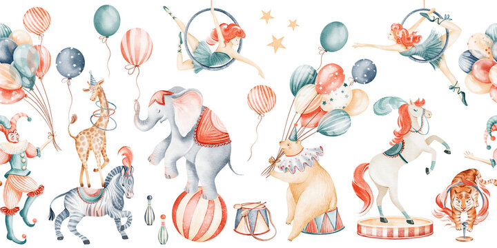 Seamless watercolor circus border with performers and carnival animals. Hand painted illustration with elephant, bear, clown, horse. For baby shower, birthday cards, invitations, nursery design.