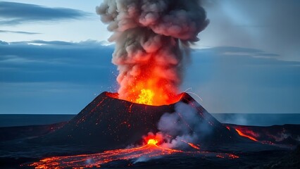 Volcanic Eruption with Lava Flow and Ash Cloud Under Dark Sky volcano