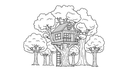 Treehouse adventure in a forest: black and white line art drawing for kids