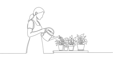 Obraz premium Woman Watering Plants with Watering Can.