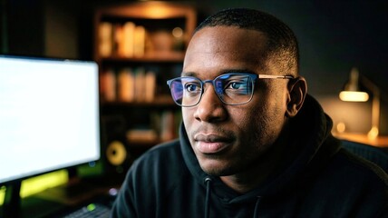 Focused black man programmer working at home office in night