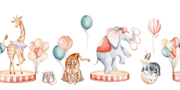 Watercolor circus seamless border with animals and balloons. Carnival pattern with tiger, giraffe and elephant for baby shower, birthday cards, invitations, nursery design and wallpaper.