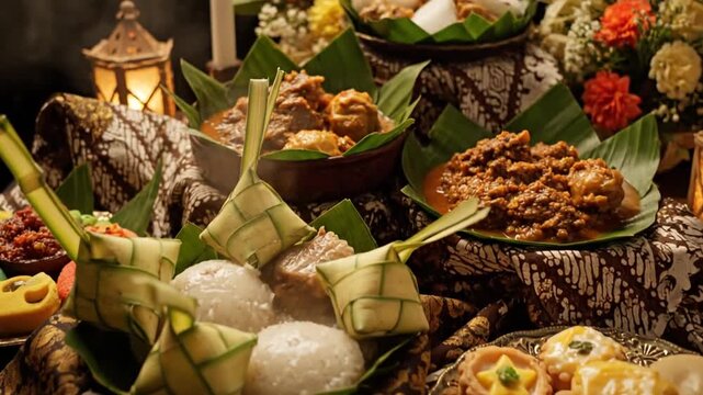 Traditional Indonesian Food Feast with Ketupat and Savory Dishes