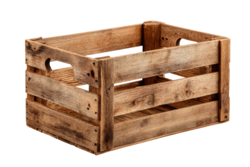 Vintage wooden crate isolated on transparent background. Rustic wooden crate with handles for storage and transport isolated on white background.