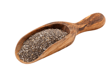 Wooden scoop filled with chia seeds isolated on transparent background. Wooden scoop filled with chia seeds isolated on white background.