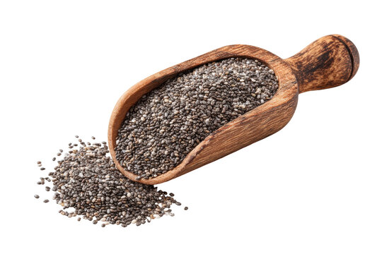 Wooden scoop filled with chia seeds spilling isolated on transparent background. Scoop of chia seeds isolated on white background.