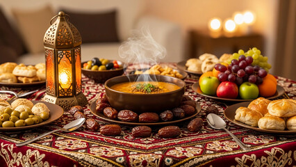 Iftar table with hot soup, fresh dates, and a lantern. Traditional Ramadan meal setting with food for dinner fast. Muslim holiday celebration.