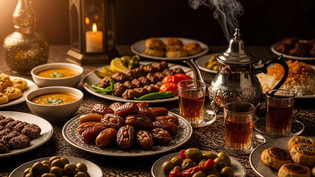 Traditional iftar dinner spread with dates, tea, and various dishes. Middle Eastern and North African food for Ramadan celebration.