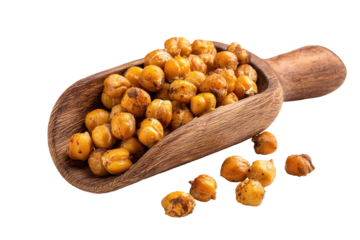 Roasted chickpeas in a wooden scoop isolated on transparent background. Roasted chickpeas in wooden scoop healthy snack isolated on white background.