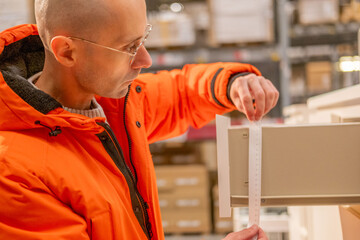 man in orange jacket measuring furniture with tape retail store, male customer ensuring correct size paper tape, self service furniture store warehouse aisle, home renovation, consumer shopping task
