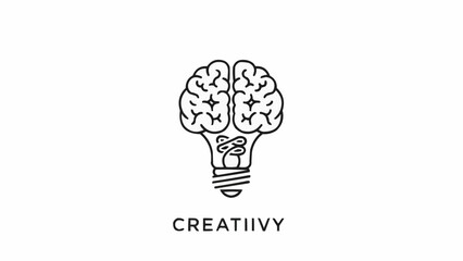 Line art illustration of a brain forming the top of a light bulb, symbolizing creativity and ideas, with the word CREATIIVY below.