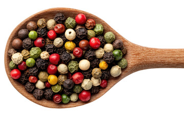 Wooden spoon filled with colorful peppercorns isolated on transparent background. Colorful peppercorns on wooden spoon isolated on white background.