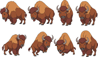 Fototapeta premium Cartoon Bison Character Outline Icon Set Aggressive Poses and Wild Buffalo Mascot