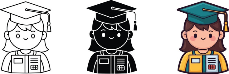 A cheerful female graduate student with a cap and book, depicted in various art styles