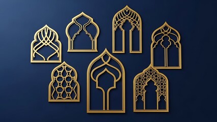 Seven intricate, golden arched window designs arranged on a deep blue background