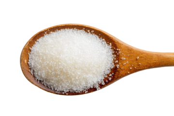 Wooden spoon filled with white granulated sugar isolated on transparent background. Granulated sugar on a wooden spoon isolated on white background.