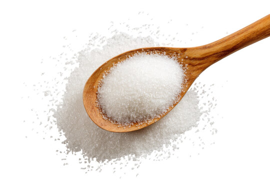 Wooden spoon filled with white granulated sugar isolated on transparent background. Granulated sugar in a wooden spoon with a pile spilling isolated on white background.