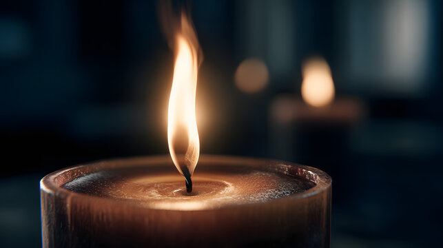 Ultra HD Closeup of a burning candle flame in a dark room, creating a warm, peaceful, and contemplative atmosphere with soft light image - Powered by Adobe
