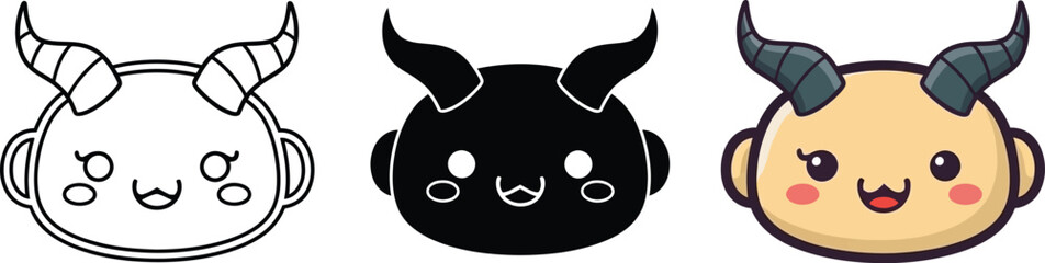A cute cartoon horned creature icon in three different styles for character design