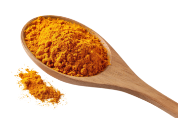 Wooden spoon filled with vibrant turmeric powder isolated on transparent background. Golden turmeric powder on wooden spoon isolated on white background.