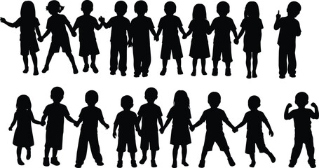 Black silhouettes of children holding hands kids standing