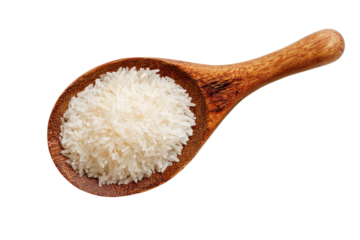 Wooden spoon filled with white rice isolated on transparent background. Wooden spoon filled with white rice grains healthy food isolated on white background.