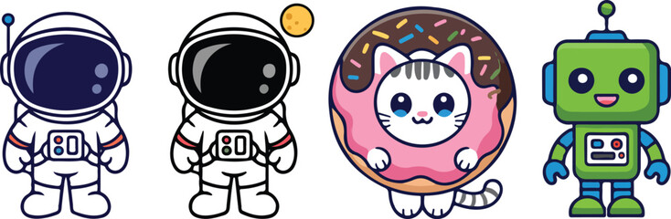 Cute Astronaut Cat Outline Character Set  Playful Space Adventures and Kawaii Robots © Creative design