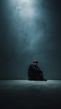 Sad lonely man sitting on the floor in shadow, representing depression, social anxiety, panic disorder, and emotional suffering. Mental health awareness and support concept, vertical format.