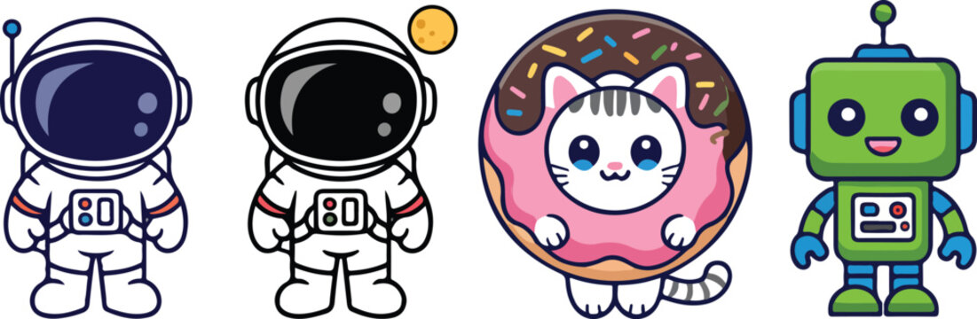 Cute Astronaut Cat Outline Character Set  Playful Space Adventures and Kawaii Robots