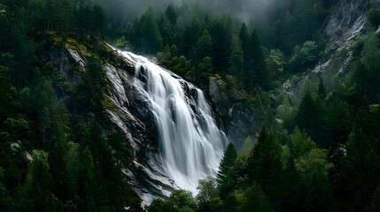 Ultra HD Majestic waterfall cascading down a rocky slope surrounded by dense green pine forest in a misty, serene natural landscape image