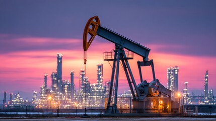 Obraz premium Sunset oil pump in industry. An oil pump operates during sunset with a background of industrial buildings and lights in the distance.