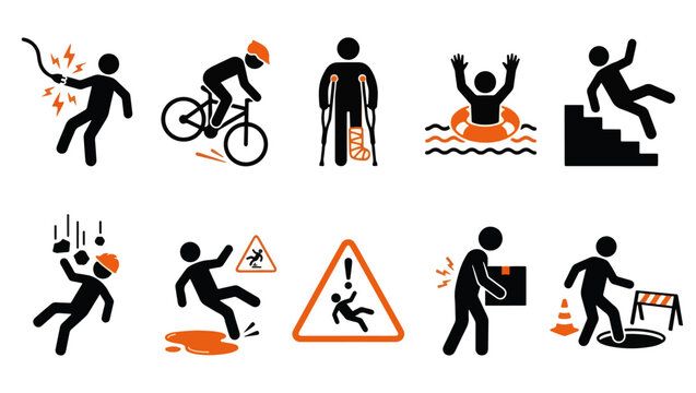 Accident and Hazard Silhouette Safety Icon Vector Set, safety hazard icons, accident silhouette set, injury prevention graphics, warning symbols, workplace safety icons, fall slip shock drowning, 