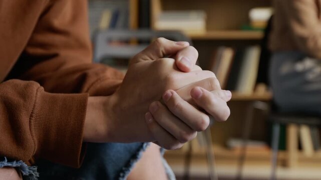 Close up on hands of restless teenage boy clasping palms wringing fingers nervously during group therapy at college counseling office