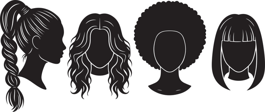 Four black and white silhouettes of women with different hairstyles braid curly hair