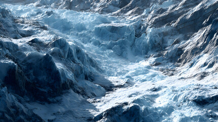 Ultra HD Dynamic glacial landscape with rugged ice formations, deep crevasses, and a powerful river of meltwater carving its path through the frozen terrain image