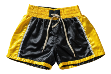 Black and yellow muay thai boxing shorts isolated on transparent background. Black and gold muay thai shorts with drawstring isolated on white background.