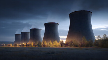 Ultra HD Dramatic view of a nuclear power plant with multiple cooling towers emitting steam against a dark, atmospheric sky at twilight, surrounded by illuminated trees and a field image